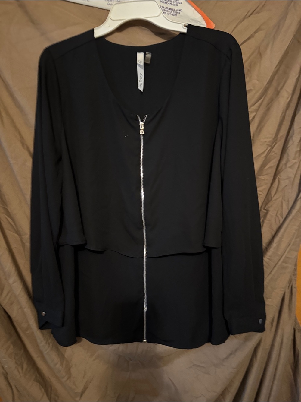 NY Collection Black Long-Sleeve Zip-Front Blouse